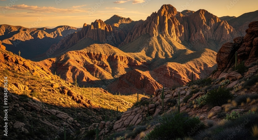 Naklejka premium Golden sunset over rugged desert mountain landscape with cacti