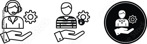 Customer support and technical assistance icon set featuring service agent, gear mechanism, and helpful hand for human resources and troubleshooting.
