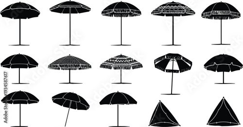 Large set of black beach umbrella silhouettes and sunshade tent icons featuring various patterns and fringe details isolated on white background for summer vacation