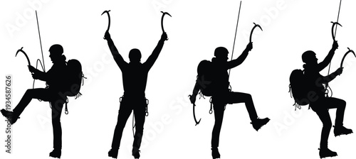 Rock Climber Silhouette Vector Set, Mountaineering and Ice Climbing Poses with Ice Axe and Rope, Outdoor Adventure Black and White Illustration