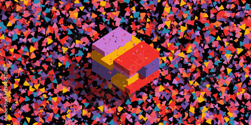 Colorful abstract cube made of blocks surrounded by confetti on black background