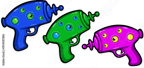 Set of 3 Colorful Cartoon Ray Guns Vector Illustration
