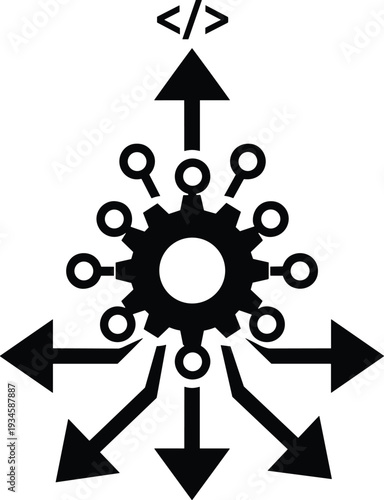  Digital coding development icon with gear and circuit lines, representing software engineering, data distribution, technology networks, programming, and web automation.