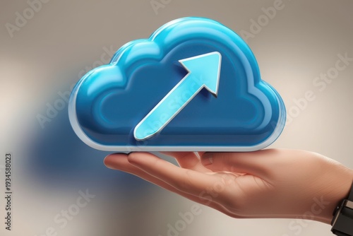 Hand holding blue cloud icon with light blue arrow pointing up
