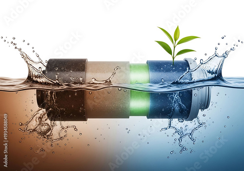 Water pipes with green plant growing out  industrial ecology concept