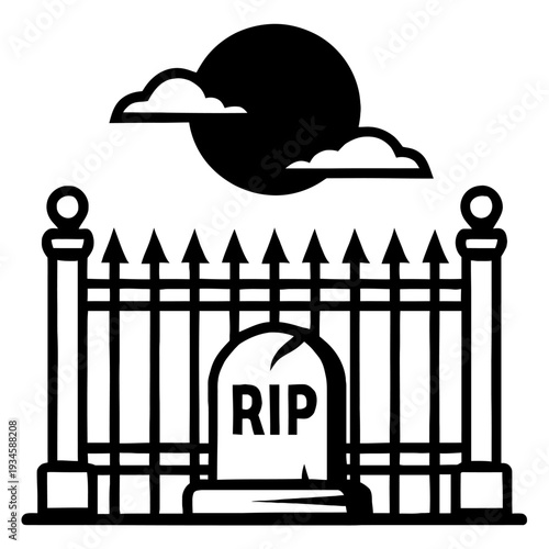Spooky Cemetery Fence with Full Moon, Clouds, and RIP Tombstone Vector Illustration. Haunted Graveyard Night Scene. Eerie Horror Graphic for Seasonal Halloween Holiday Design.