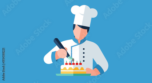 Chef decorating a cake with frosting.