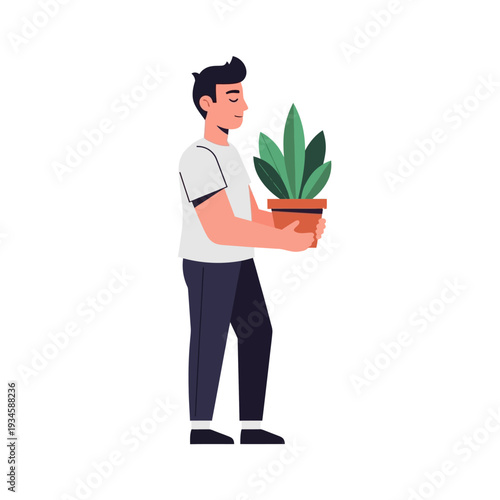 Man holding potted plant in flat design with green leaves in soft natural lighting for gardening website