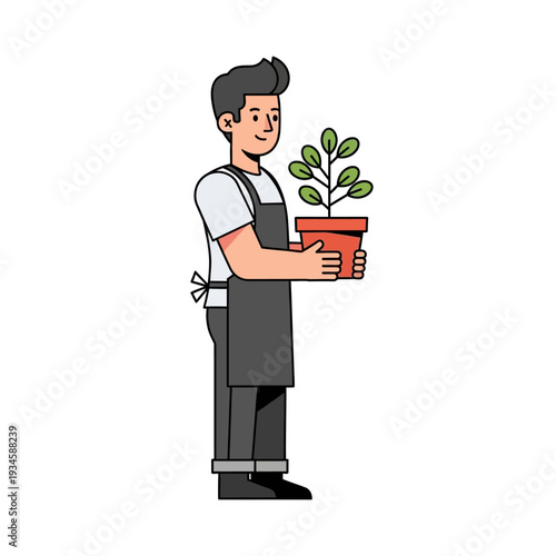 Gardener holding potted plant in flat cartoon style with bright green leaves and warm lighting for gardening website