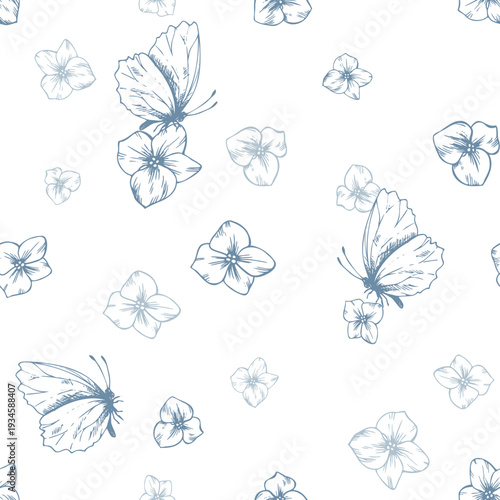 Cute little forget-me-not hydrangea flowers with butterflies. Hand-drawn ink line art graphic illustration. Seamless floral pattern for spring holiday and wedding designs.