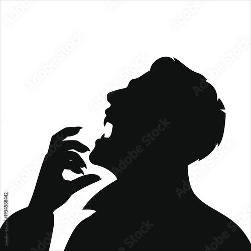 Scary black silhouette of a vampire monster with sharp claws preparing to bite a neck. Dark gothic horror vector illustration perfect for Halloween designs, spooky night themes, and terrifying art.