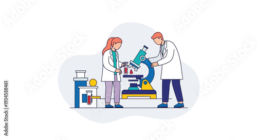 Scientists Examining Samples Under Microscope Together.