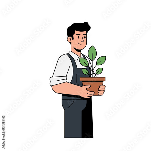 Gardener holding potted plant in flat design with bright green leaves in warm natural lighting for gardening website