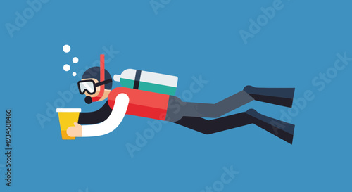 Scuba Diver Holding Yellow Container Underwater.