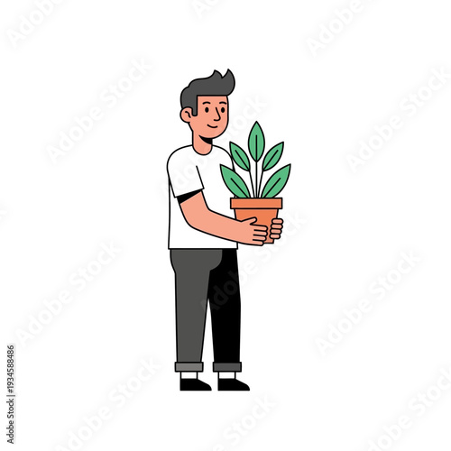 Man holding potted plant in flat design with bright green leaves in warm natural lighting for gardening website