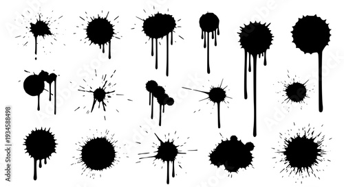 Ink splatters and drips hand drawn set with grunge textures and chaotic spray effects featuring paint splash, messy,