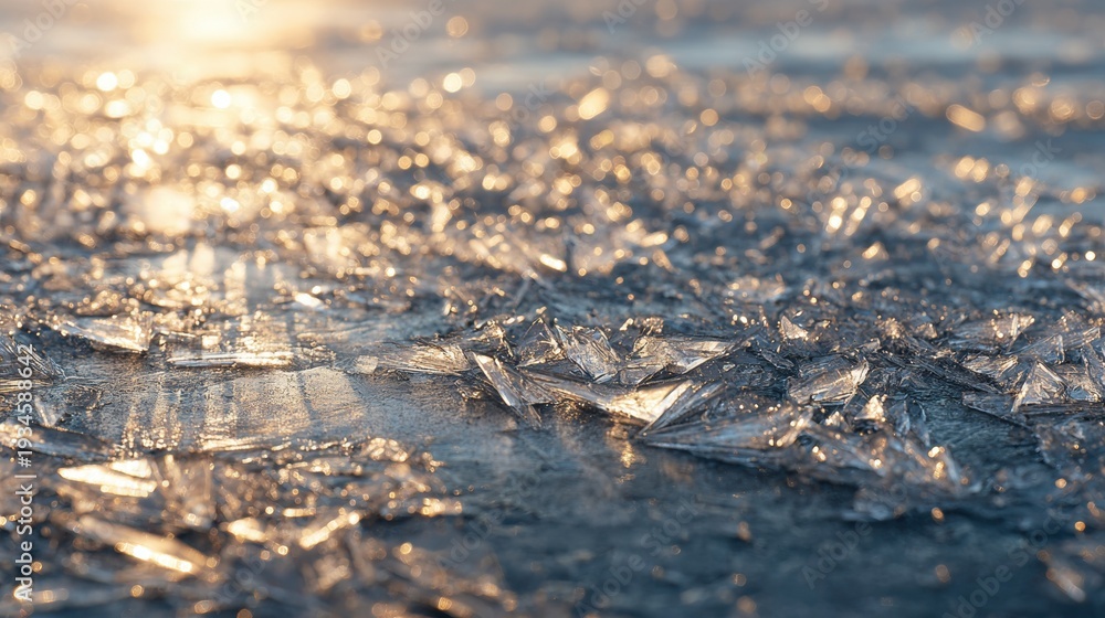 Fototapeta premium Golden sunlit ice crystals and bokeh