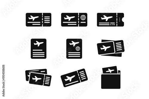 Collection of black and white airplane ticket icons for travel and booking themes