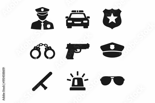 Police icon set: badge, patrol car, handcuffs, gun, hat, baton