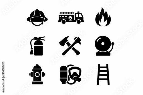 Collection of firefighter equipment and safety icons