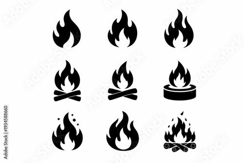 Collection of nine fire icons with flames and campfires in different styles