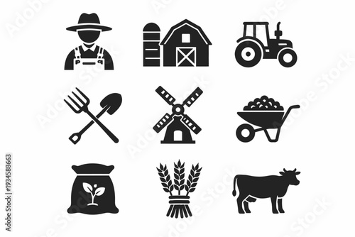 Set of black farming icons: farmer, barn, tractor, tools, windmill, wheelbarrow, seeds, wheat, cow