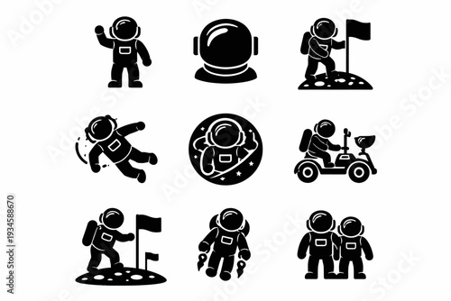 Astronaut icons collection: space exploration silhouettes and activities