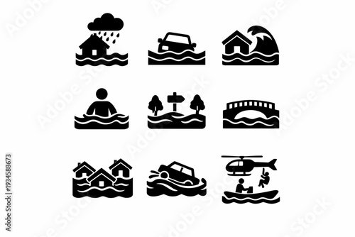 Flood icons: rain, vehicles, houses, rescue, evacuation