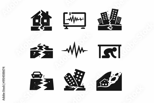 Earthquake icons set: buildings, seismograph, safety measures, and ground cracks