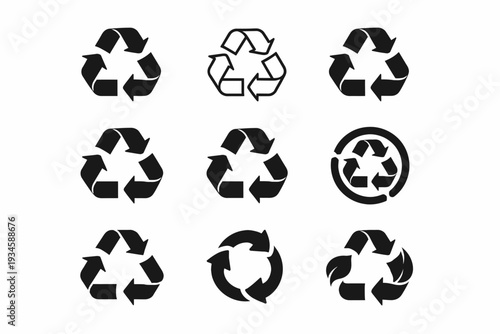 Set of nine black recycling symbols in various arrow designs