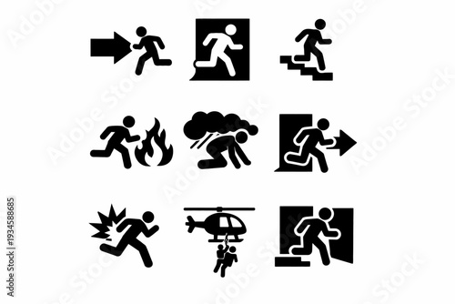 Emergency exit symbols - evacuation signs for fire safety and escape routes