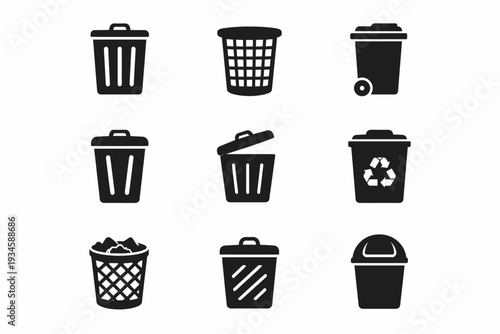 Set of nine black trash can icons with recycling symbol