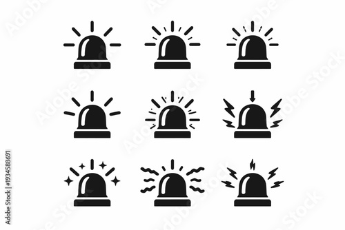 Set of nine black emergency siren icons with various light patterns