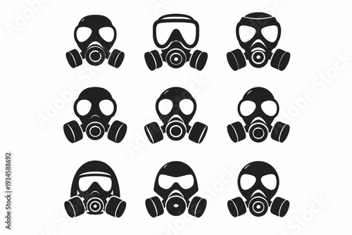 Vector icons of various gas masks in rows