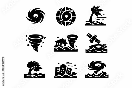 Icons depicting natural disasters: hurricane, tornado, flood, windstorm imagery