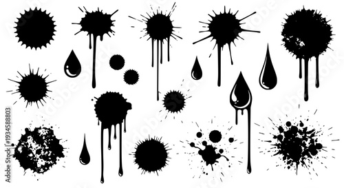 Splatters black ink set with splashes and drips scattered around featuring splatter, splash, drip with grunge and messy