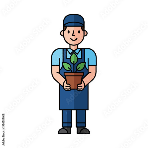 Gardener holding potted plant in cartoon style with bright colors and simple texture for gardening website