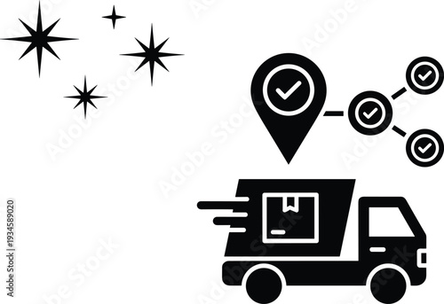 Fast delivery truck vector illustration, package tracking map pin, logistics shipping service icons, express transport distribution, order fulfillment, sparkling clean.