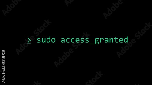 Sudo Access Granted on Black Terminal Screen. Cybersecurity, Hacking, Programming, Developer, System Access Technology Background.