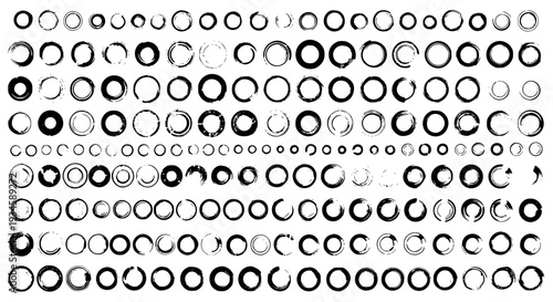 Circles grunge brush stroke set with varied sizes and textures in black featuring textured, hand drawn, rough with