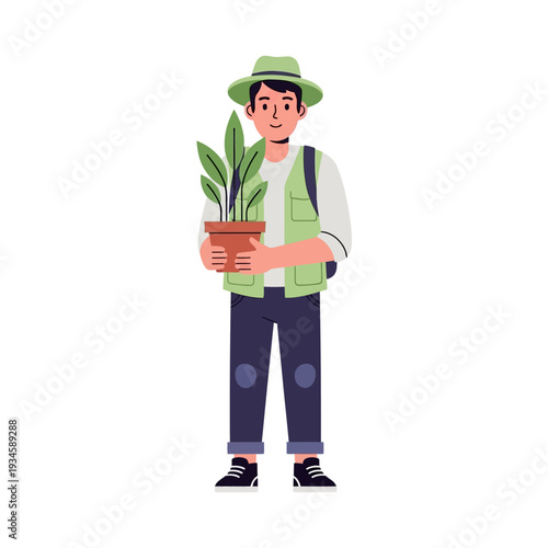 Gardener holding potted plant in cartoon style with bright green colors and simple textures for gardening website