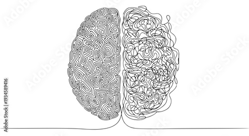 Brain abstract line art with intricate patterns and swirling shapes featuring psychology, neuroscience, cognition with