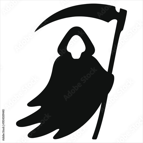 Grim Reaper Silhouette Vector Illustration: Scary Death Character with Scythe Isolated on White. Spooky Horror Halloween Icon, Dark Hooded Ghost Spirit, Gothic Cloaked Skeleton Reaper Emblem Graphic.