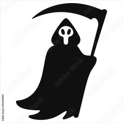 Dark Navy Blue Vector Silhouette Of Hooded Grim Reaper Holding Large Sickle Scythe. Minimalist Horror Design For Halloween Poster, Banner, T-Shirt. Scary Symbol Of Death And Undertaker