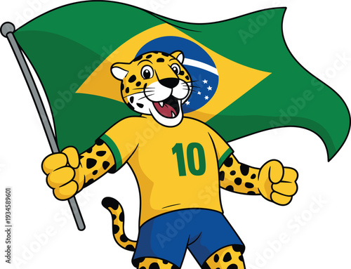 Brazil jaguar mascot cheering with national flag, football supporter character in yellow jersey, sports fan cartoon vector illustration