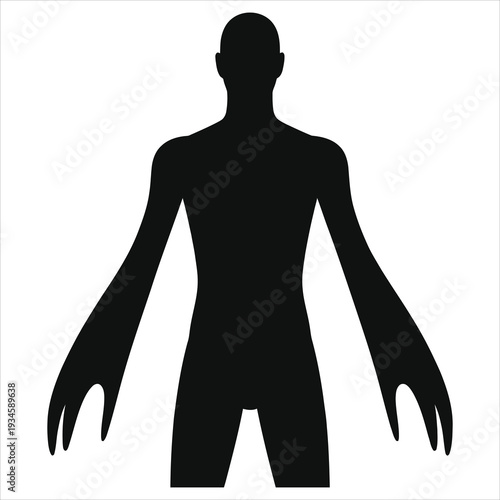 Haunted apparition silhouette vector, scary paranormal ghost figure with long arms, creepy shadow monster, horror Halloween occult entity icon, isolated black shape on white