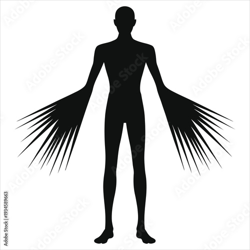 Scary Haunted Apparition Silhouette Vector Illustration of Slender Man Monster with Spike Wings Standing - Black and White Horror Icon Design for Halloween Poster Background and Dark Fiction Book Cove