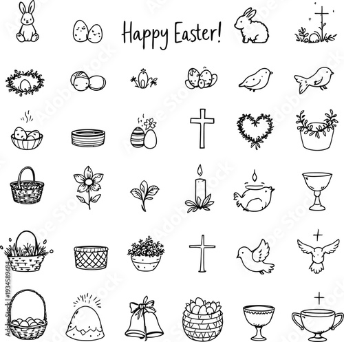 Seasonal vector illustration with Easter eggs bunnies chicks birds crosses flowers baskets candles festive spring joy tradition harmony