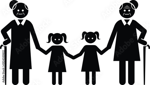 Grandmothers holding hands with twin granddaughters, elderly women with walking sticks and young girls, family generation silhouette vector illustration concept.