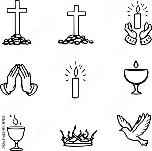 Spiritual vector illustration with cross stones candle chalice crown thorns dove prayer faith devotion sacred symbolism and peace